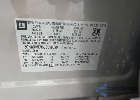 2018 Chevrolet Equinox Premier из США, поврежденный, VIN 3GNAXMEV5JS619898